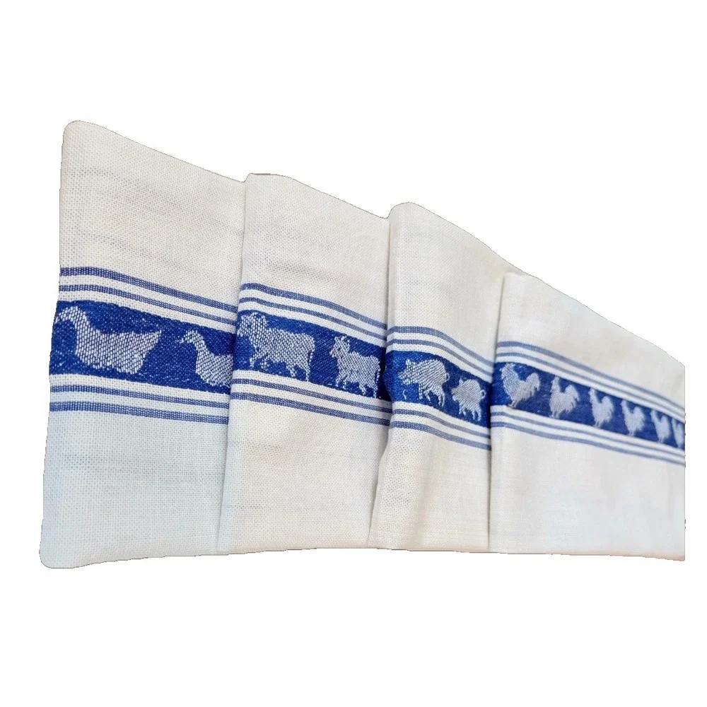 VTG Kitchen Dish Towel Blue White Stripe Shabby Farmhouse Hen Rooster NOS 4PC
